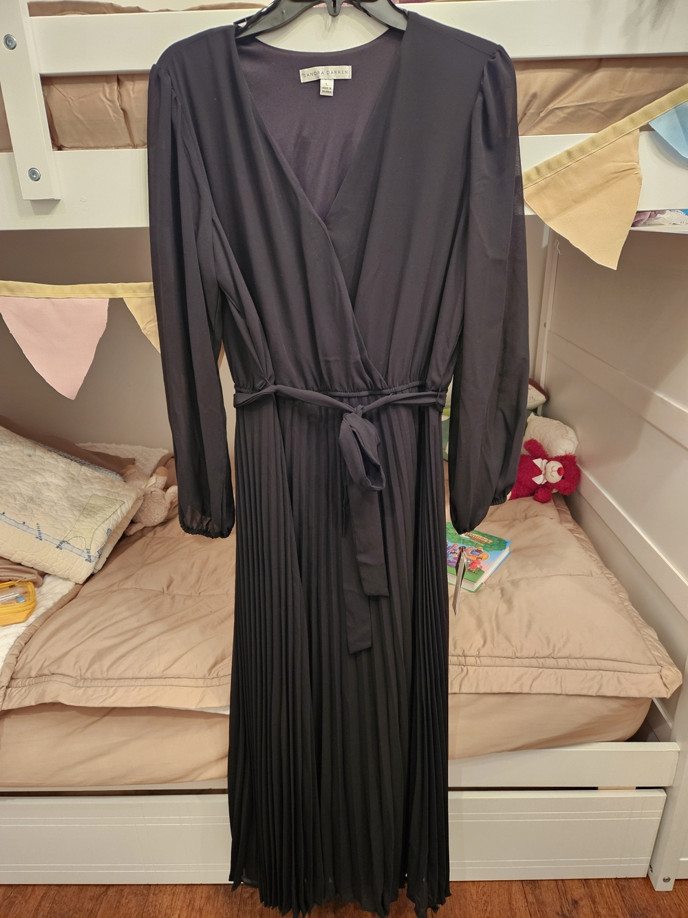 Sandra Darren Black Long Sleeve Pleated Wrap Maxi Dress - Size Large